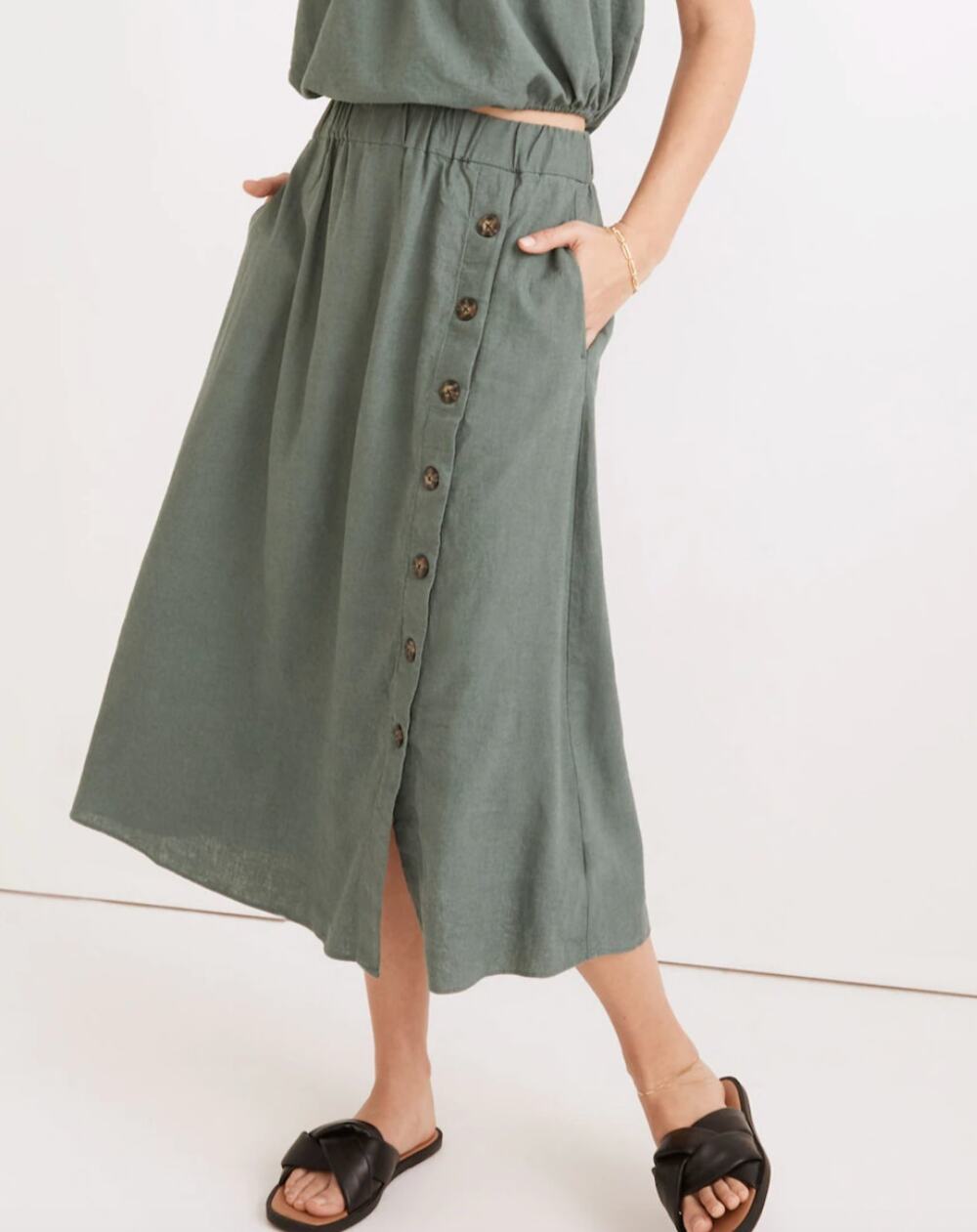 Madewell Linen-Blend Side-Button Midi Skirt in Faded Shale womens size M